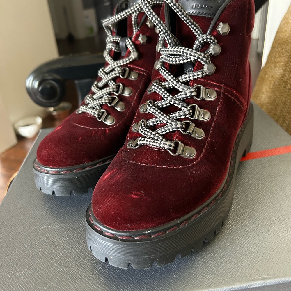 Prada Burgundy Velvet Lace-Up Combat Boots